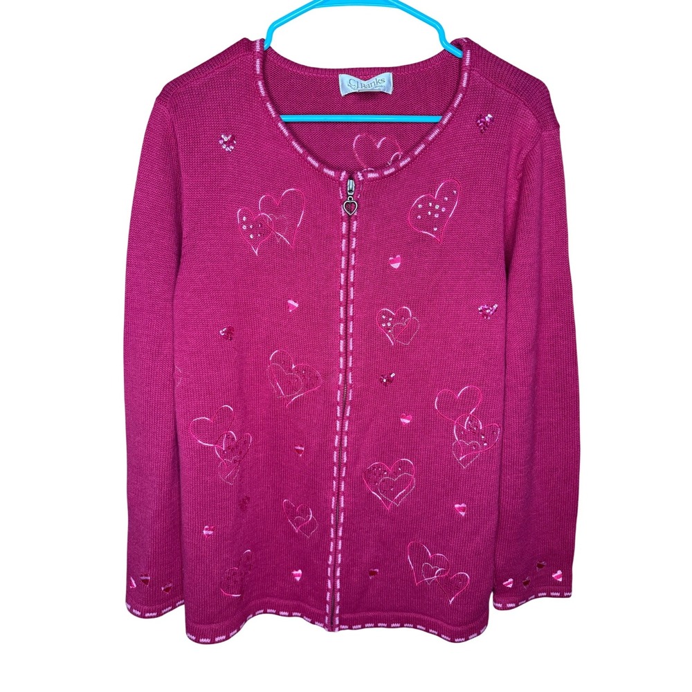 Vintage Pink Valentines Women's Pink Heart Zip Up Cardigan Sweater 1X
